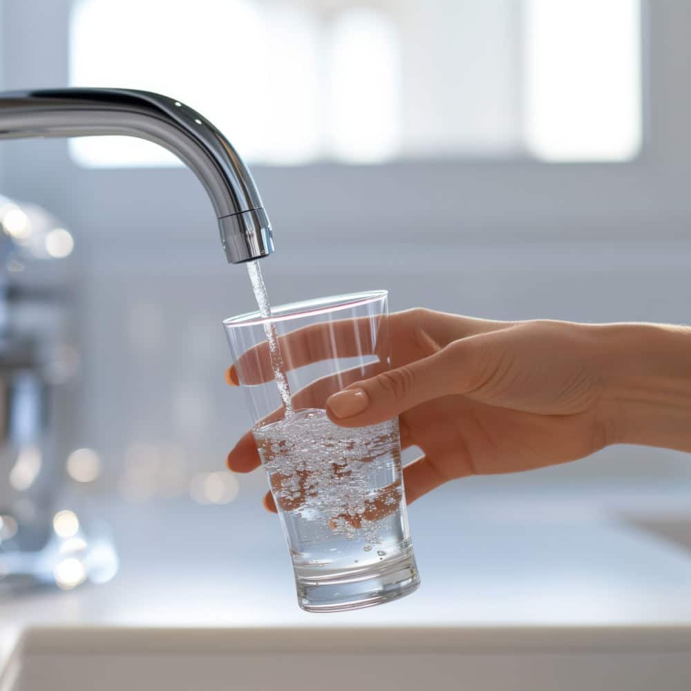 Filling up a glass with clean drinking water from kitchen faucet.