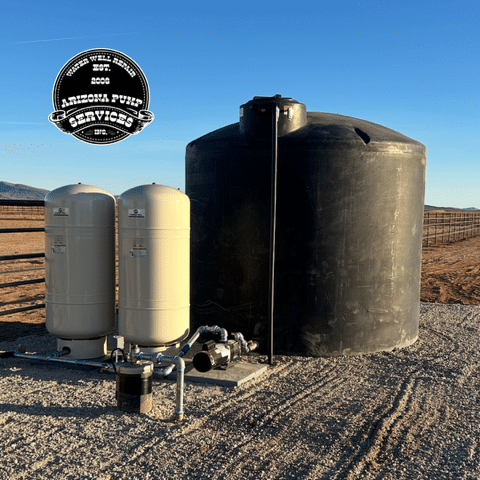 A well water system with a holding tank and two pressure tanks installed by Arizona Pump Services